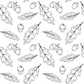 Seamless pattern with falling oak leaves, acorns. Vector autumn texture isolated on white background, hand drawn in sketch style, Royalty Free Stock Photo