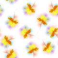 Seamless pattern with falling yellow cosmos flowers against colorful watercolor spots on white background Royalty Free Stock Photo