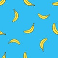 Seamless pattern with falling yellow not peeled banana in pop art style