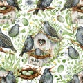 Seamless pattern, Family of starlings, bird in a birdhouse, nest with eggs, elements with spring greenery, twigs, leaves