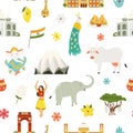 Seamless pattern with famous symbols, landmarks, animals of India