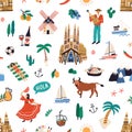 Seamless pattern with famous symbols of Spanish culture. Endless repeatable texture with buildings, dancers, guitar