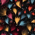 Seamless pattern with fancy colored floral elements on a black background
