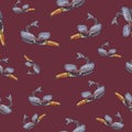 A seamless pattern with a fantastic animal, hand drawn by soft pastel on the tawny port background.