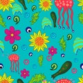 Seamless pattern with fantastic flowers and leaves