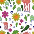 Seamless pattern with fantastic flowers and leaves Royalty Free Stock Photo