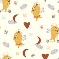 Seamless pattern with fantastic monsters. Cute couple of yellow monsters on a scooter - a girl and a boy with wings and