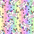 Seamless pattern with fantastic unicorn on rainbow background. Cartoon children background