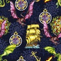 Seamless pattern with fantasy dragon, old sailboat, anchor and decorated compass