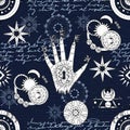 Seamless pattern with fantasy mystic symbols, hand writing letters and celestial signs of sun and moon. Esoteric, occult and Royalty Free Stock Photo