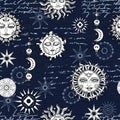 Seamless pattern with fantasy mystic symbols, hand writing letters and celestial signs of sun and moon. Esoteric, occult and Royalty Free Stock Photo