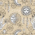 Seamless pattern with fantasy mystic symbols, hand writing letters and celestial signs of sun and moon. Esoteric, occult and Royalty Free Stock Photo