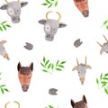 Seamless pattern with farm animals - horses, cows and goats, green leaves .. watercolor illustrations for prints, design, textiles Royalty Free Stock Photo