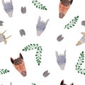 Seamless pattern with farm animals - horses, donkeys, green leaves .. watercolor illustrations for prints, design, textiles