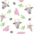 Seamless pattern with farm animals - pig, cows and goats, green leaves .. watercolor illustrations for prints, design, textiles Royalty Free Stock Photo