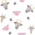 Seamless pattern with farm animals - pig, cows and goats .. watercolor illustrations for prints, design, textiles Royalty Free Stock Photo
