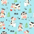 Seamless pattern with farm cows and milk bottle Royalty Free Stock Photo