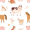 Seamless pattern with farm domestic animals. Endless repeatable backdrop with cow, horse, goat, pig, rabbit, cat, dog