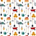 Seamless pattern farm tools flat- illustration. Garden instruments icon collection. Farming equipment