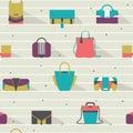 Seamless pattern with fashion bags in various shapes and sizes. Geometric illustration, based on white stripes and shadows Royalty Free Stock Photo