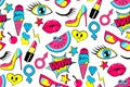 Seamless pattern of fashion patch badges. lips, kiss, heart, speech bubble, star, ice cream, lipstick, eye. Vector