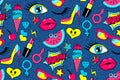 Seamless pattern of fashion patch badges. lips, kiss, speech bubble, star, ice cream, lipstick, eye. Vector over denim ba