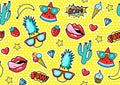 Seamless pattern with fashion patch badges with pineapple, lips, hearts, speech bubbles.