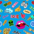 Seamless pattern with fashion patch badges. Pop art. Vector background stickers, pins, patches in cartoon 80s-90s comic Royalty Free Stock Photo