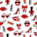 Seamless pattern with fashion patch badges shoe, lipstick, bow, glasses and other elements.Vector background stickers