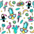 Seamless pattern with fashion patch badges with toucan, flamingo, parrot, exotic leaves, hearts, stars, speech bubbles, pineapple.