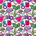 Seamless pattern with fashion patch badges wings heart and diamond ring, gold key lips stickers