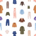 Seamless pattern, fashion women clothes, garments. Modern female apparel, repeating print. Wardrobe background design