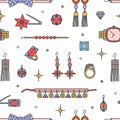 Seamless pattern with fashionable jewelry, bijouterie or trinkets on white background - earrings, necklace, bracelet