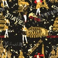 Seamless pattern with fashionable young women with world landmarks on a black background.