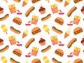 Seamless pattern with fast food. Burgers, fries, hot dogs hand drawn. vector illustration for wallpaper, wrapping paper Royalty Free Stock Photo