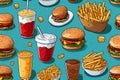 seamless pattern with fast food with burgers hamburgers and fries with drinks on blue background. Junk food