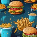 seamless pattern with fast food with burgers hamburgers and fries with drinks on blue background. Junk food