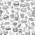Seamless pattern with fast food doodles. Vector illustration Royalty Free Stock Photo