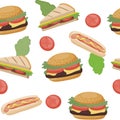 Seamless pattern with fast food. With hamburgers, sandwiches and hotdogs. Vector background with cartoon delicious elements