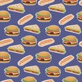 Seamless pattern with fast food. With hamburgers, sandwiches and hotdogs. Vector background with cartoon delicious elements