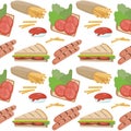 Seamless pattern with fast food. With hamburgers, sandwiches and hotdogs. Vector background with cartoon delicious elements