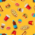 Seamless pattern with fast food meal. Tasty fastfood lunch products.