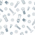 Seamless pattern of fasteners. Bolts, screws and nuts in doodle style. Hand drawn building material.