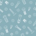 Seamless pattern of fasteners. Bolts, screws and nuts in doodle style. Hand drawn building material.