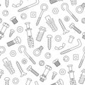 Seamless pattern of fasteners. Bolts, screws, nuts, dowels and rivets in doodle style. Hand drawn building material.