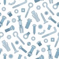 Seamless pattern of fasteners. Bolts, screws, nuts, dowels and rivets in doodle style. Hand drawn building material.