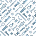 Seamless pattern of fasteners. Bolts, screws, nuts, dowels and rivets in doodle style. Hand drawn building material.