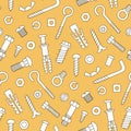 Seamless pattern of fasteners. Bolts, screws, nuts, dowels and rivets in doodle style. Hand drawn building material.