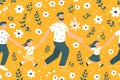 Seamless pattern of father and children holding hands on a bright yellow background illustration Royalty Free Stock Photo