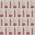 Seamless pattern `Favorite London`. With the image of BigBen, a red double-decker bus and the flag of England. Vector illustration